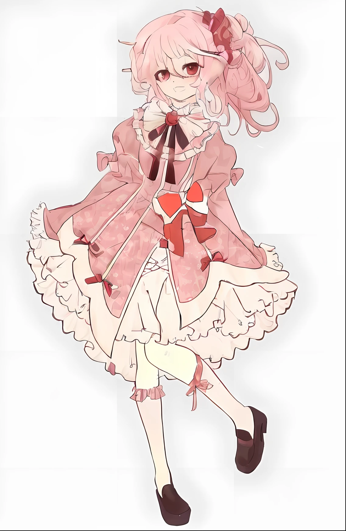 a cartoon girl in a pink dress and a bow tie, style of magical girl, pretty anime character design, lolita style, dressed in a frilly ((ragged)), small curvy loli, loli in dress, anime full body illustration, cute anime waifu in a nice dress, wearing fancy clothes, lolita fashion, outfit design, full body character design