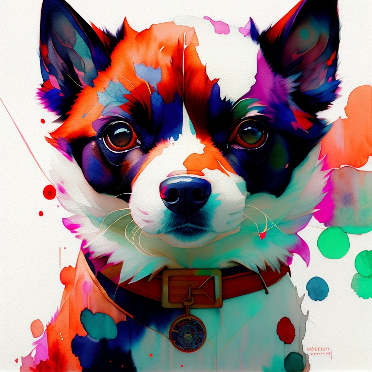 wtrcolor style, digital art (Samoy Dog character), official art, front, smile, masterpiece, beautiful, ((watercolor)), face paint, paint splatter, intricate details. Very Detailed, Detailed Eyes, [Drip: 0.5], Trending on Artstation, Rachel Walker