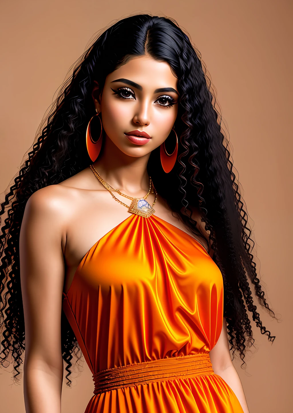 Fashion model photography, orange dress, strong sense of design, medium shot, Egyptian beauty model, long hair, hair accessories, delicate skin, necklace, simple background, high texture, glare backlight, professional studio lighting