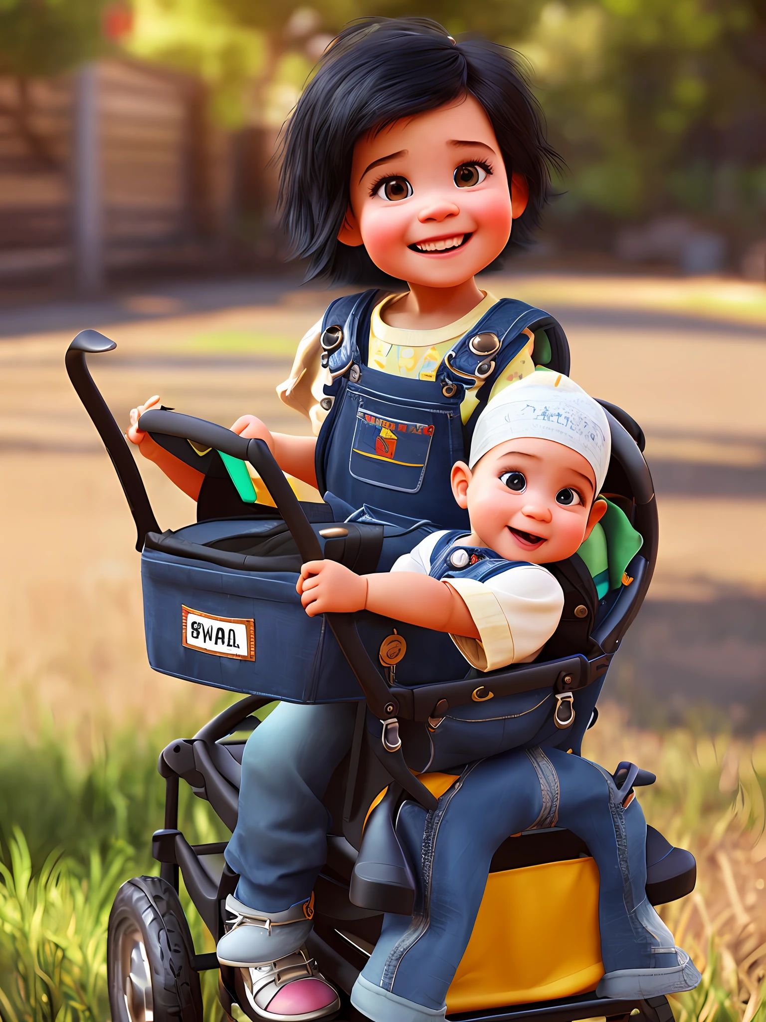 pixarstyle Shoulder length portrait of a in overalls, black hair, smiling, pram, natural skin texture, 4k textures, hdr, intricate, very detailed, sharp focus, cinematic look, super detailed