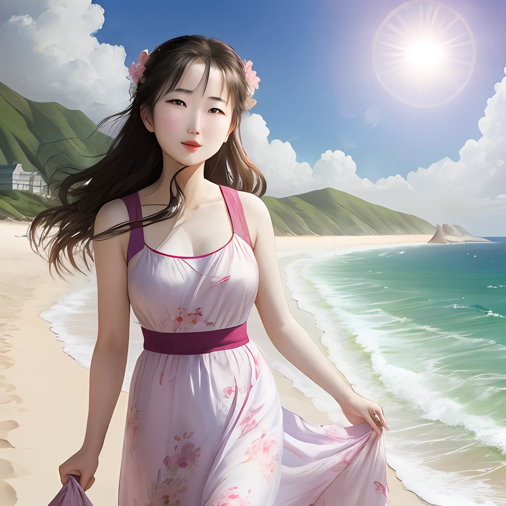 Liu Yifei, beach, sunshine, sea
