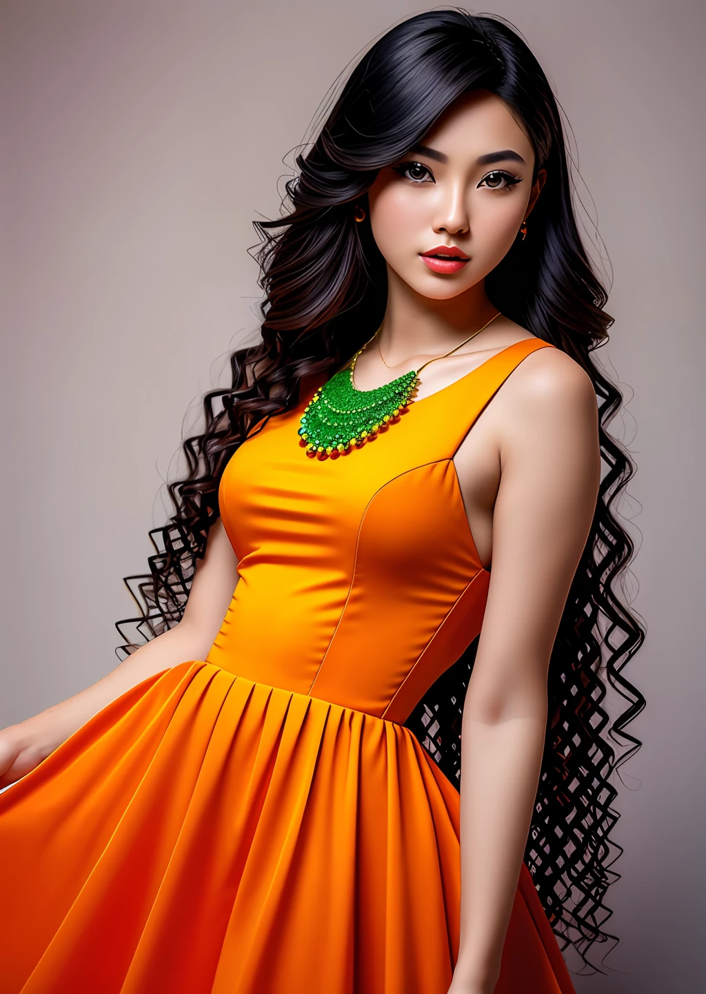 Fashion model photography, orange and green dress, strong sense of design, medium shot, beautiful Eurasian model, long hair, hair accessories, delicate skin, necklace, simple background, high texture, glare backlight, professional studio lighting