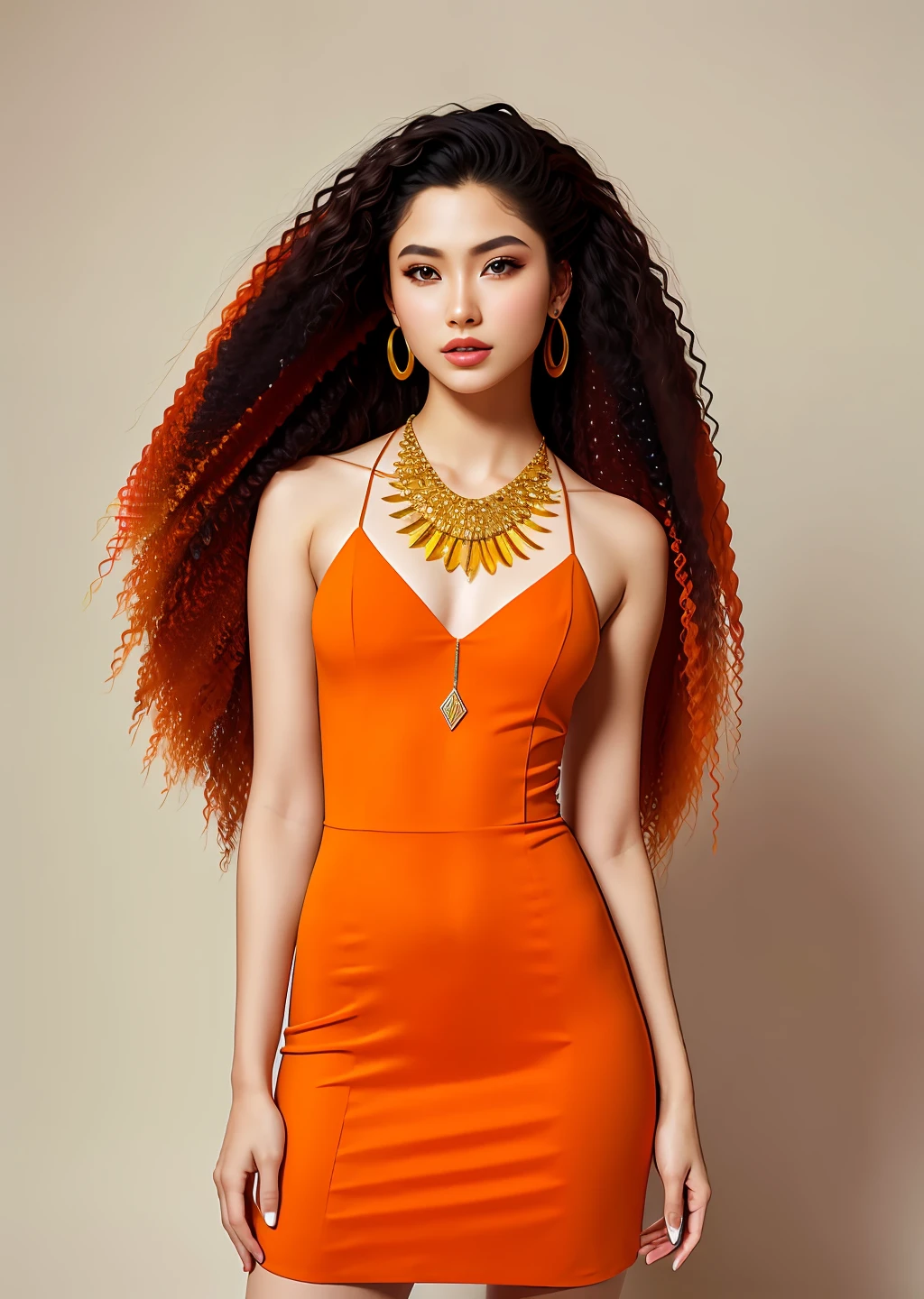Fashion model photography, orange and green color matching dress, strong sense of design, medium shot, beautiful Eurasian model, long hair, hair accessories, delicate skin, necklace, simple background, high texture, glare backlight, studio professional lighting