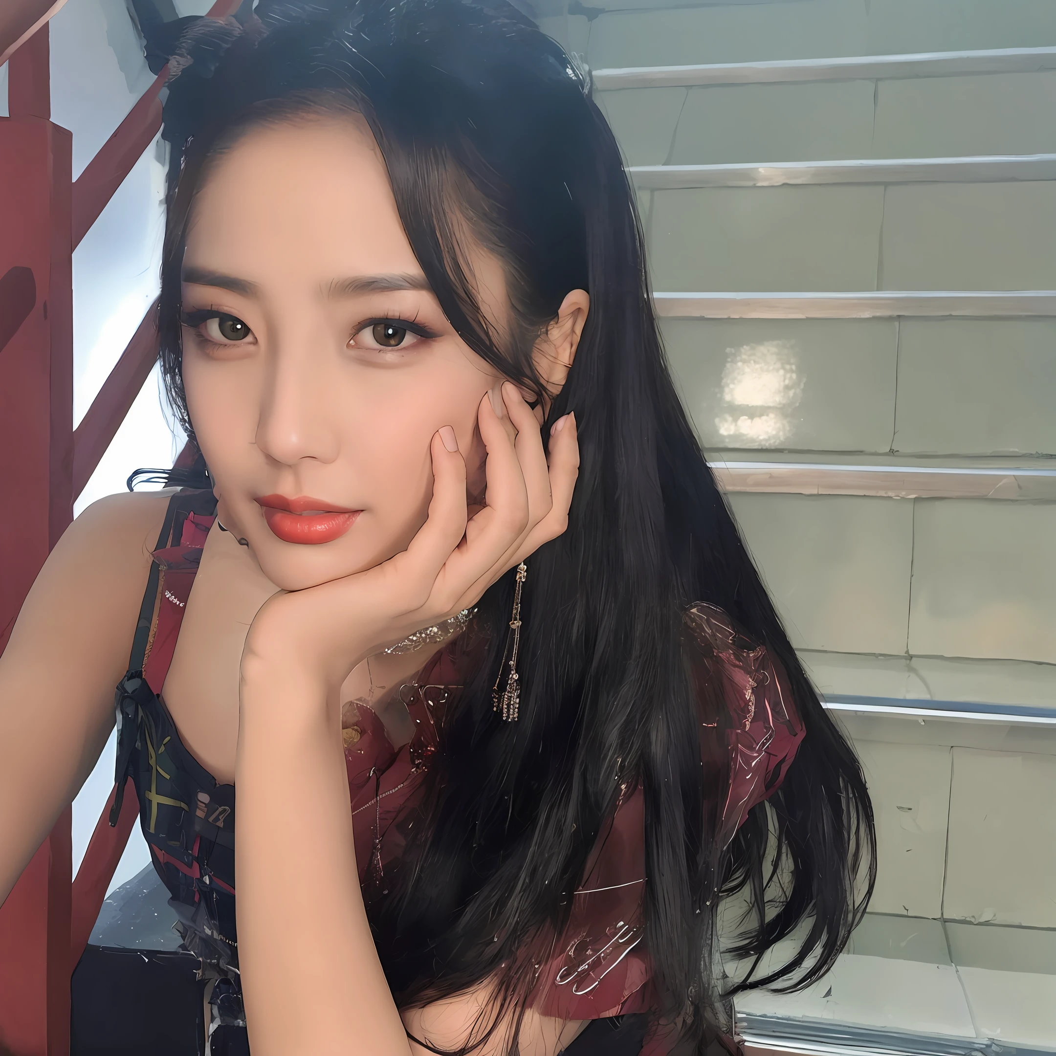 Black fan Jisoo&#39;s personal photo, high quality, soft and natural portrait, beautiful skin pearl, the lens is slightly biased towards the center, shooting under the sun at an oblique side, shy eyebrows, youthful vitality, soft and beautiful Kamikaze, [Korean female idol photo] embedding, the shooting position is static and elegant , Strong sunshine contrast creates a fresh and sweet atmosphere.
