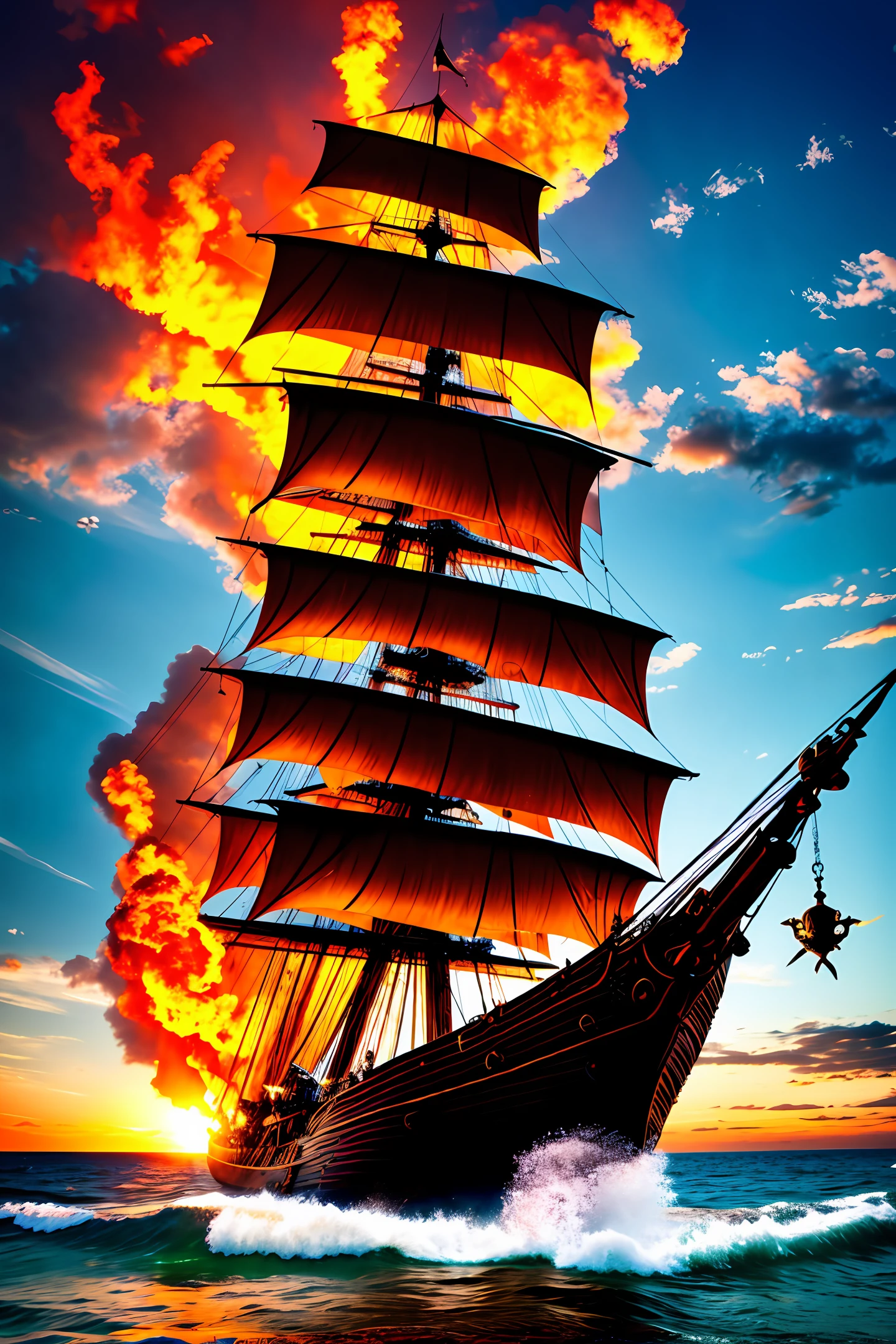 Oversized pirate ship, pirate ship without sails, big fish, bright light, huge sea monster, flying dragon, walking, realistic, soft, high-definition, 4K, red eyes, big dog, muscle, atmosphere, contrast of warm and cold colors, dark clouds, flames,