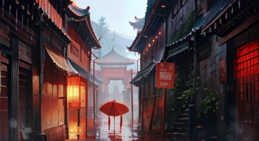 Chinese style ancient concept scene, gore, rain, blood stains, bamboo hats, cold weapons, corpses, swords and swords, excessive details, CG art, cold weapons, masks