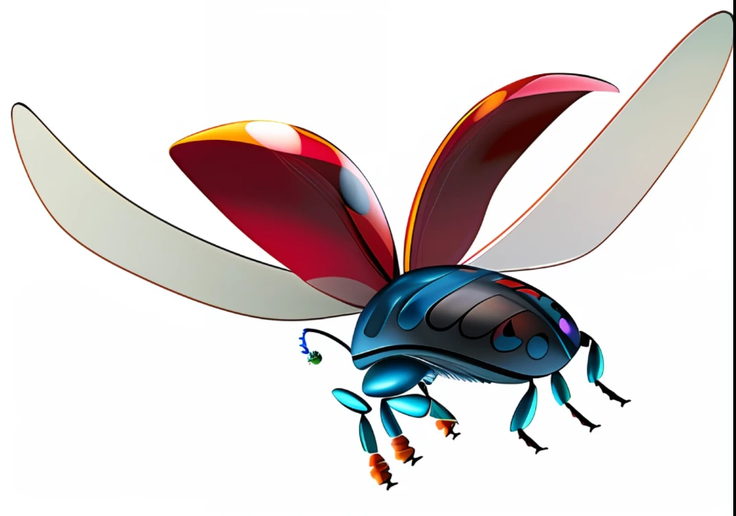 Ultra detailed CG illustration of a flying ladybug with a beautiful red shell, black body, transparent wings, and realistic blue eyes.