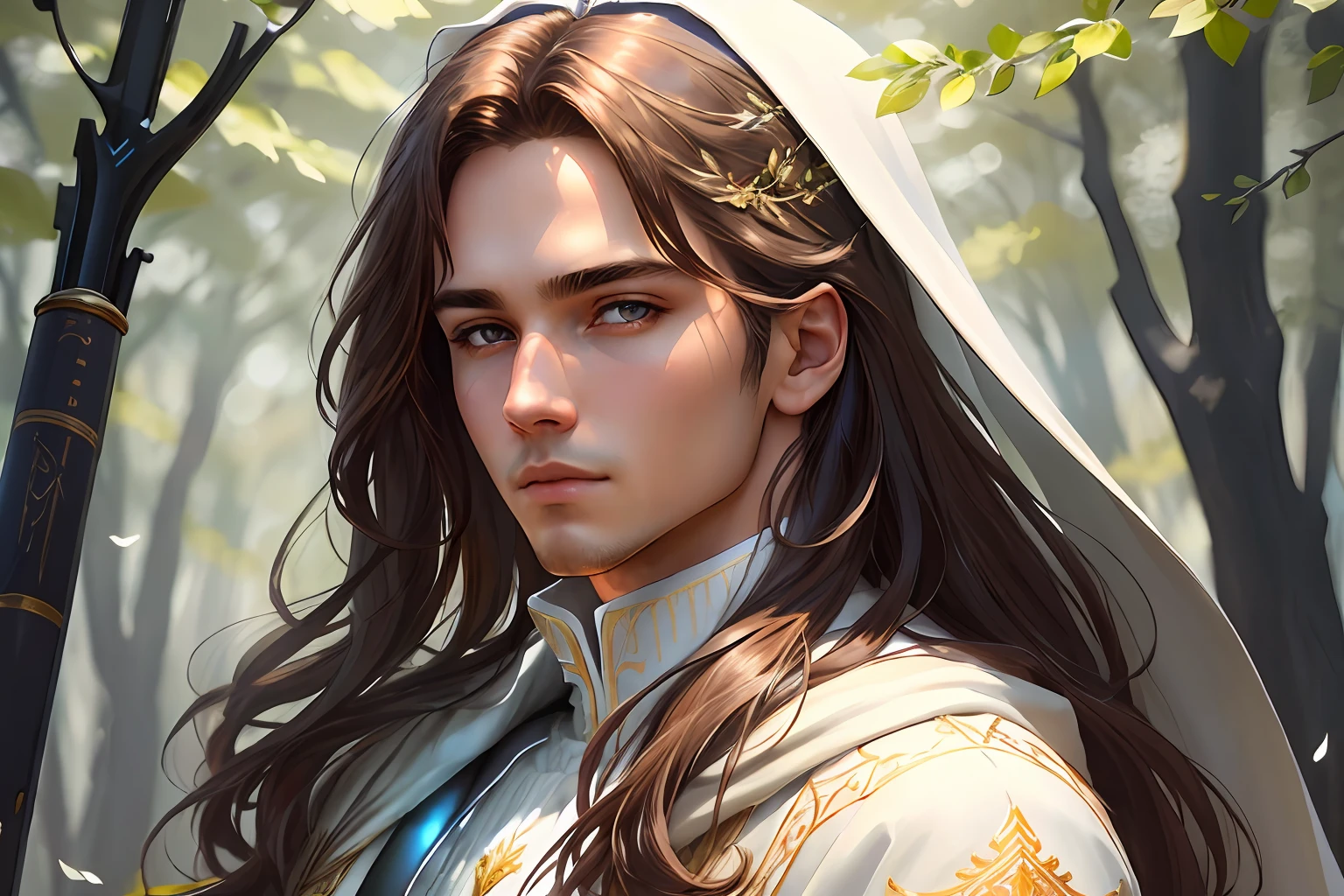 mdjrny-v4 style, realistic role-playing human face portrait beautiful male 1 person, pastels, fine details, fantasy, youth, thin body, white robe, delicate magic embroidery, long brown hair, brown hair, straight hair, bright blue eyes, meadow background, rpg portrait, octane rendering, cinematic lighting, (soft shadows: 1.2), close-up, depth of field