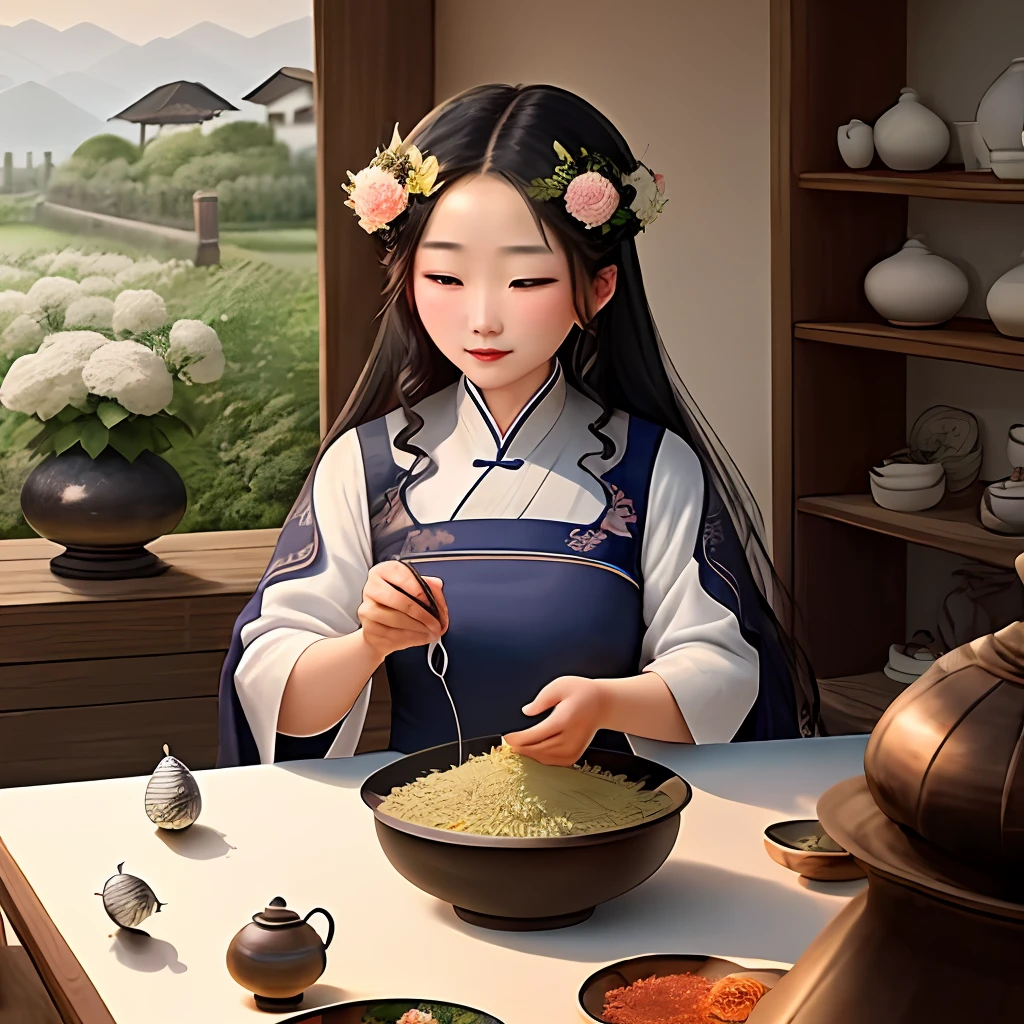 The guests in the garden are from Jiyin. Beautiful, many people in the town want wives, but the guests will never marry. Taste a variety of five-color herbs, accumulate them for decades, and take them in fact. Suddenly there is a five-color moth, which rests on the vanilla, and the guest receives it and recommends it to be clothed with silkworms. When it comes to silkworms, there are goddesses who come at night to help guests raise silkworms, and also eat silkworms with herbs. One hundred and twenty cocoons were obtained, which were as big as a urn, and each cocoon was reeled for six or seven days. After the reeling is finished, the woman and the guest will all go away, and I don't know what to do. traditional Chinese painting