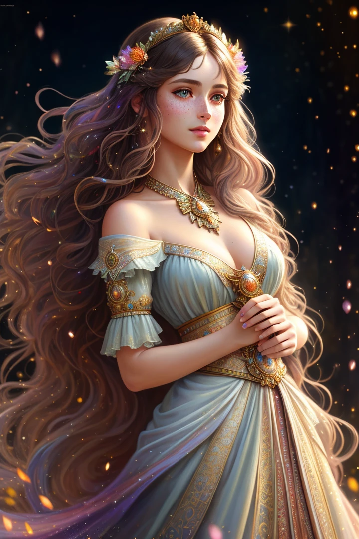 (((realistic painting))), woman at renaissance festival, ((perfectly feminine face)), (+colorful wavy long hair), (+sparkling freckles), (glitter), in flowing dress dress, intricate, 8k, highly detailed, volumetric lighting, digital painting, intense, sharp focus, ((artgerm and rutkowski and alphonse mucha's art)), (cloth simulation), (wind), cgsociety,good structure,excellent lighting, subsurface scattering, award winning, masterpiece, (perfect skin texture)), (style-sylvamagic: 0.6)