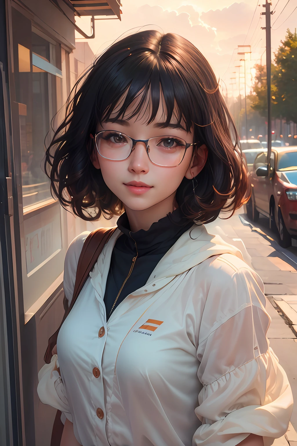 Portrait of a girl, (face: 1.2), detailed eyes, glasses, short dark hair, shiny skin, wet skin, shy expression, outdoors, low angle, closed mouth, smiling, ulzzang-6500-v1. 1, Shallow depth of field, [Volume Fog], cinematic lights, reflections, 8k resolution, delicateabsurdres, (extremely detailed CG 8k wallpaper), (extremely delicate and beautiful), beautiful lighting, (masterpiece), (best quality: 1.0), (ultra high resolution: 1.0), the most realistic photos beautiful artwork in the world, artgerm, cutesexyrobutts, Ed Blinkey&#39;s professional majestic oil paintings, perfect lightning, [clear focus], bokeh, realistic shadows , [High Resolution], Trending, Detailed Skins, (Masterpiece, Best Quality, High Resolution, Image Ref: 1.1), Ultra Detailed