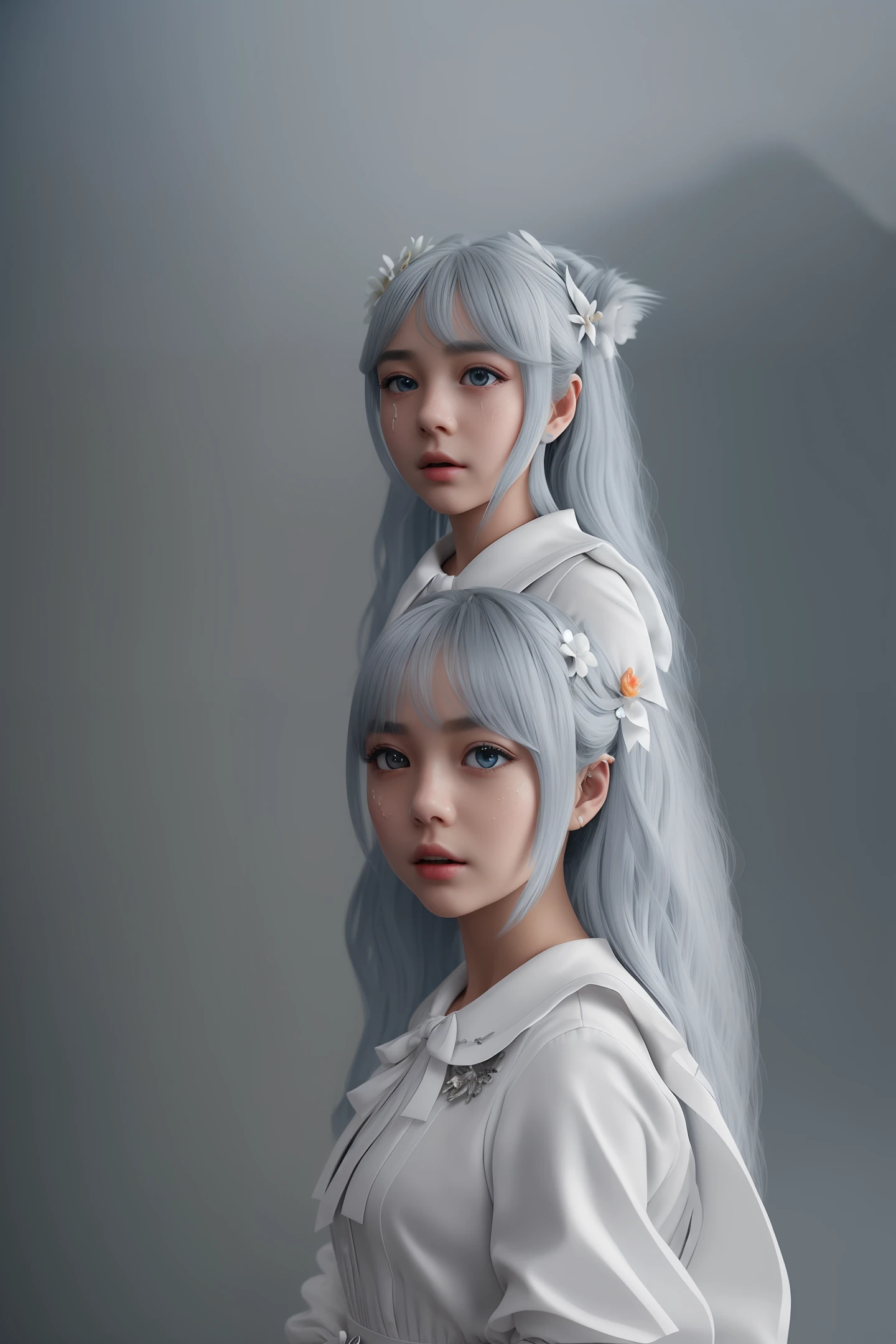 masterpiece, exquisite, illustration, {beautiful and meticulous girl}, beautiful and detailed halo, (fire of war: 1.2), (nuclear explosion behind: 1.3), rain, detailed lighting, detail water, (beautiful and detailed eyes: 1.1), expressionless, palace, sky blue hair, scattered hair, long bangs, eyebrows, (white-gray dress: 1.1), black ribbon, white bow tie, upper abdomen, big forehead, dull, flower, long sleeves