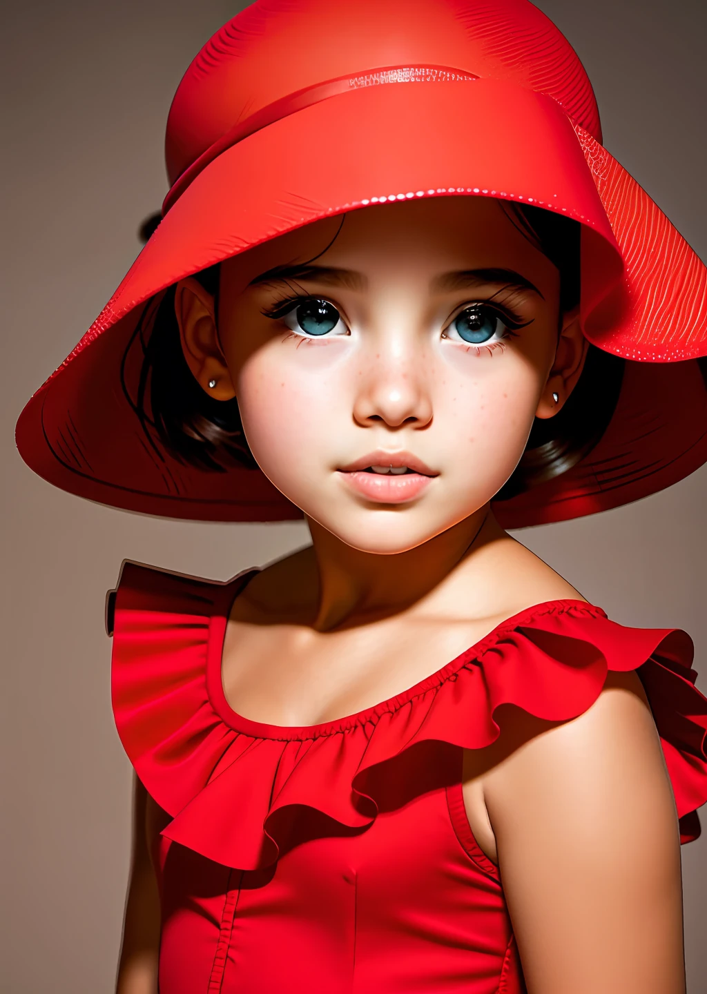Fashion photography of children, red dress, strong sense of design, medium shot, 8--old l, South African little short hair, hair accessories, delicate skin, cute and lively, simple background, high texture, backlight, professional studio lighting