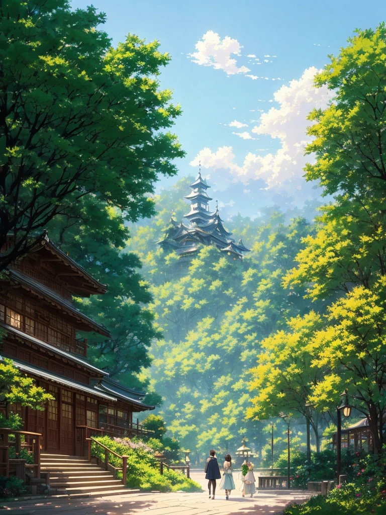 Detailed Scenery - Width 672, anime beautiful peaceful scenes, studio glibly Makoto shinkai, beautiful anime scenes, beautiful anime scenery, greg rutkowski studio ghibli, studio ghibli sunshine, studio ghibli scenery , Studio Ghibli environment, Makoto Shinkai style, Makoto Shinkai style. High detail, with a bell in the temple