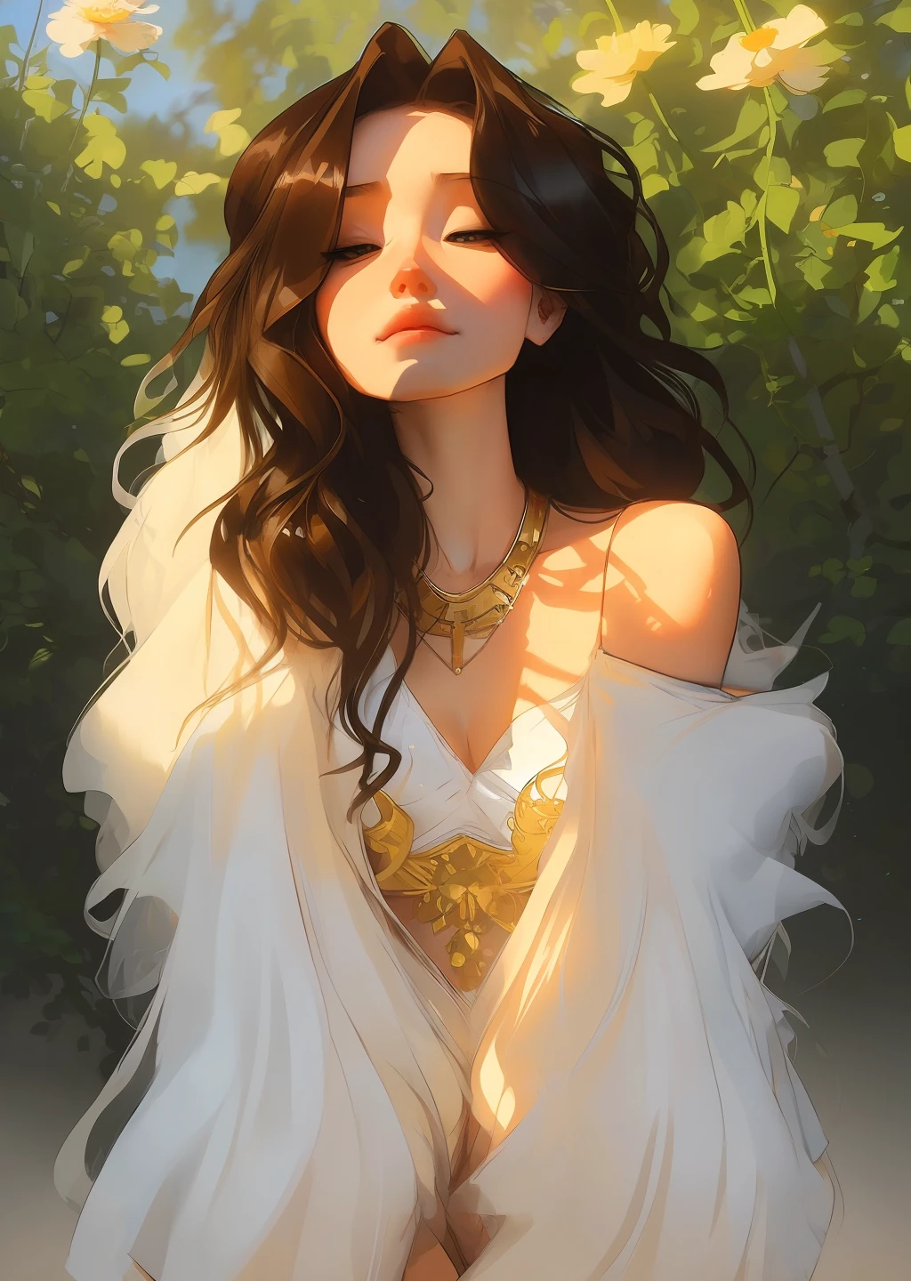 ((full body)), samdoesarts style award winning full body portrait of a beautiful woman, ((perfect feminine face)), ((Medieval dress)), embroidered with gold edges, Intricate and beautiful dress, (beautiful detail eyes), (very long fluffy curly hair), palaces, (standing in the garden), (flying petals), shaded flat illustration, digital art, trending on artstation, highly detailed, fine detail, intricate, art by artgerm and rutkowski and alphonse mucha,