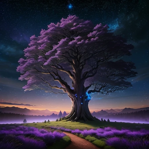 A towering tree, ancient tree, luxuriant leaves, glowing fireflies, looking up, blue-purple sky with bright stars, distant castle brightly lit, dream home, legend, ancient, mysterious, realistic, detailed details, Sky flying over mysterious objects, realistic shadows, single landscape, CG, 8K
