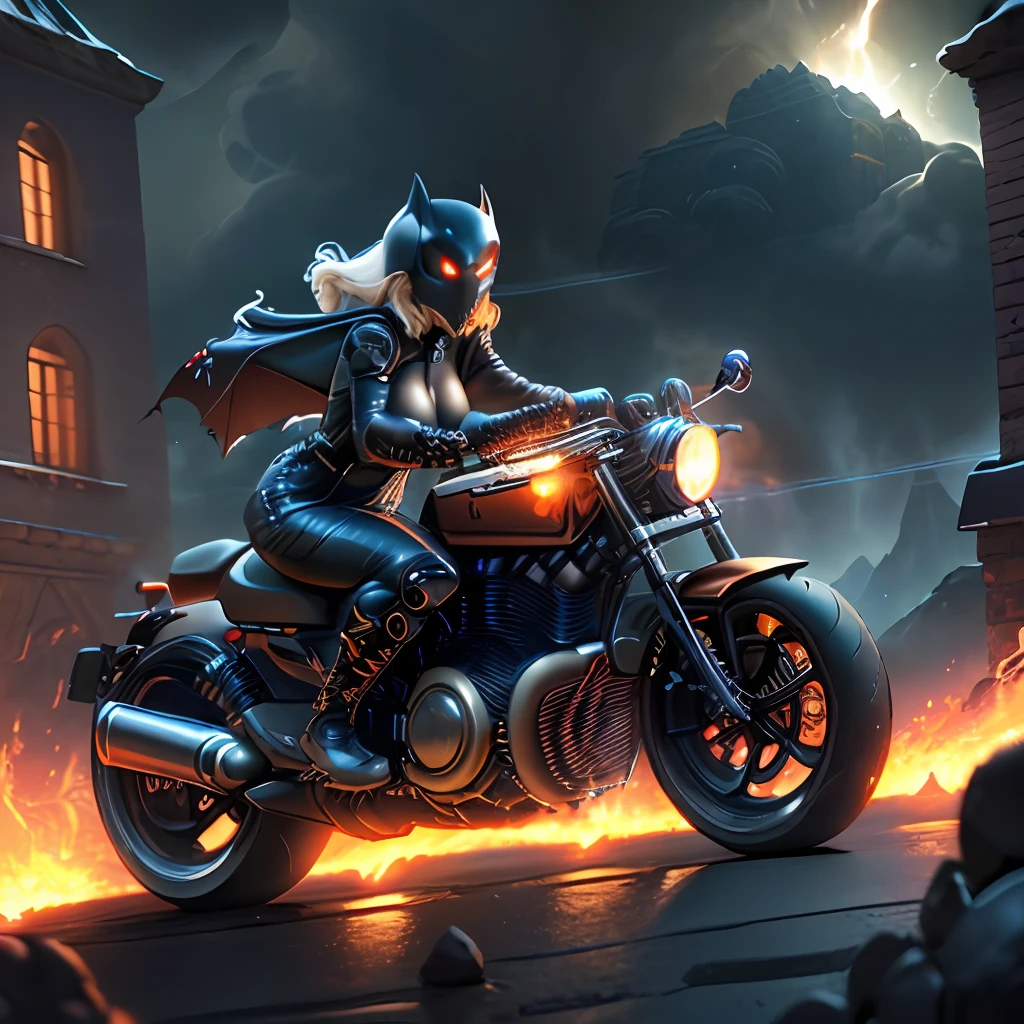 (Very detailed CG Unity 8k wallpaper: 1.1), Epic compositions, Highly detailed backgrounds, Lava, Doom castle, Black clouds, Bats, Futuristic motorcycle driving, Action cinematic shots, Clear targets, Volumetric lighting, Rim lighting, Ghost Rider, female, sexy, bazooka, big gold chain, big tits, tight black leather