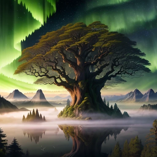 Illustration of a surreal, otherworldly, sky-high scene featuring a huge ancient towering tree with intricate details of branches, vegetation and surrounding river, tree hole, glow, water mist, landscape, giant tree, Beautiful dreamy leaves surrounded by birds, sunlight penetrates the leaves, volumetric light, beautiful lighting and realistic proportions, mountains, old castles, aurora in the distance, as if this is a movie background, 8k, highest quality, masterpiece