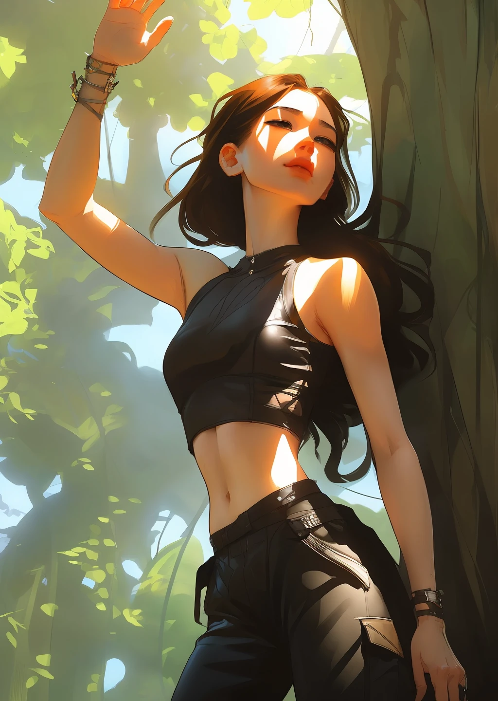((full body)), samdoesarts style award winning full body portrait of a beautiful woman, ((perfect feminine face)), ((Amazon Tropical Leather Clothes)), ((croptop and cargo pants)), Primeval Jungle, Complex, (Beautiful Detail Eyes), ((high ponytail)), (Leaning against the trunk), (Sunlight), shaded flat illustration, digital art, trending on artstation, highly detailed, fine detail, intricate, art by artgerm and rutkowski and alphonse mucha,