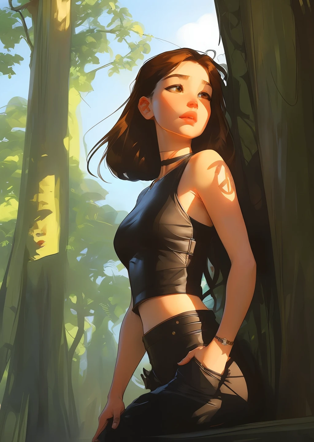 ((full body)), samdoesarts style award winning full body portrait of a beautiful woman, ((perfect feminine face)), ((Amazon Tropical Leather Clothes)), ((croptop and cargo pants)), Primeval Jungle, Complex, (Beautiful Detail Eyes), ((high ponytail)), (Leaning against the trunk), (Sunlight), shaded flat illustration, digital art, trending on artstation, highly detailed, fine detail, intricate, art by artgerm and rutkowski and alphonse mucha,
