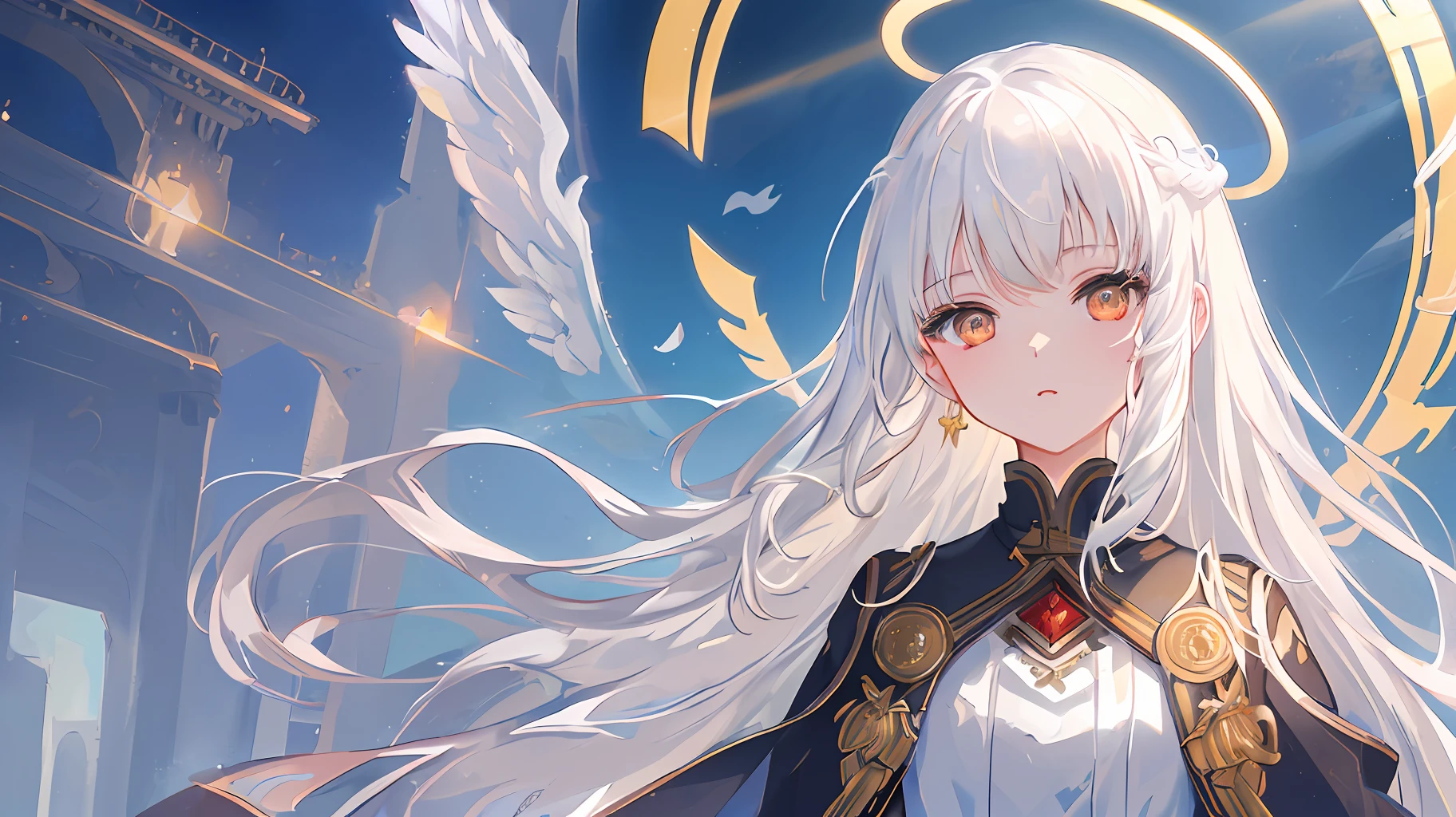 mksks style, masterpiece, best quality, ultra-detailed, illustration, straight on, face focus, 1girl, white hair, golden eyes, long hair, halo, angel wings, serene expression, looking at viewer, far away