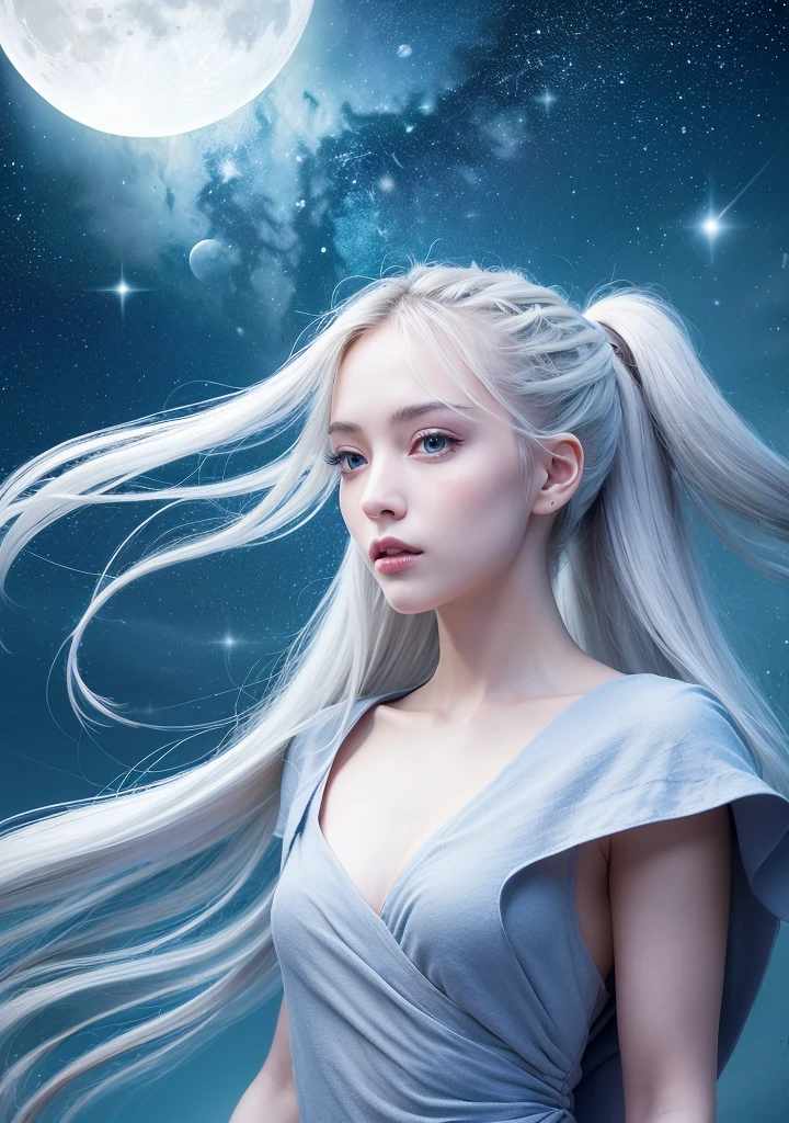 Masterpiece, (Best Quality: 1.2), (Super Fine: 1.2), Illustration, (Extremely Delicate and Beautiful: 1.2), Film Angle, Floating, (Beautiful Detail Eye: 1.1), (Detail Light: 1.1), Film Lights, Delicate Sky, Woman, White Hair, Blue Eyes, (High Ponytail: 1.1), Cloak, Glowing Eyes, (Moon: 1.2), (Moonlight: 1.1), Starry Sky, (Light Particles: 1.1), Fog , snow painting, sketching, blooming