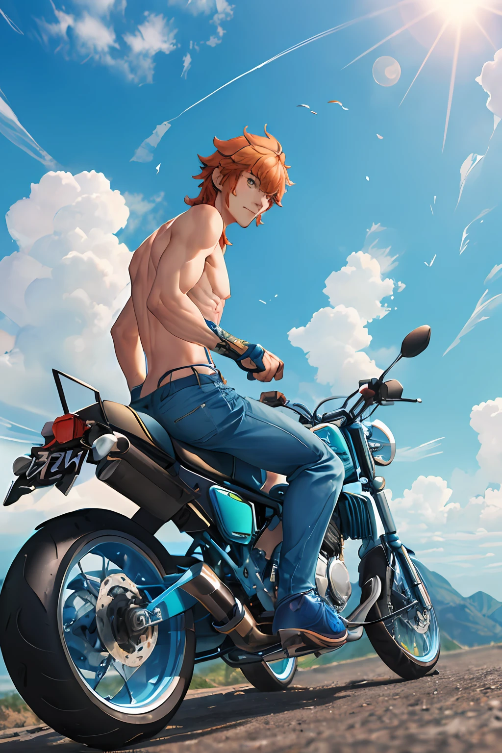 clean background, sun wukong riding a motorcycle, blue and green ink, (close shot), (motorcycles: 2), solo, closeup, closeup, masterpiece, main character: motorcycle, closeup: motorcycle, riding the clouds