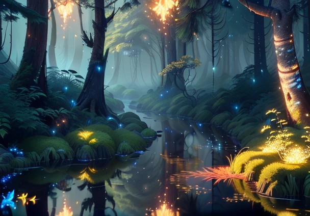 Masterpiece, best quality, (highly detailed CG unity 8k wallpapers), (best quality), (best illustrations), (best shadows), forest theme with natural elements. Tall trees, quiet streams, small glowing mushrooms surrounded by delicate leaves and branches, with fireflies and glowing particle effects,, (natural elements), (jungle theme), (leaves), (twigs), (fireflies), butterflies, (delicate leaves), (glow), (particle effects). , Isometric 3D, Octane Rendering, Ray Traced, Super Detailed