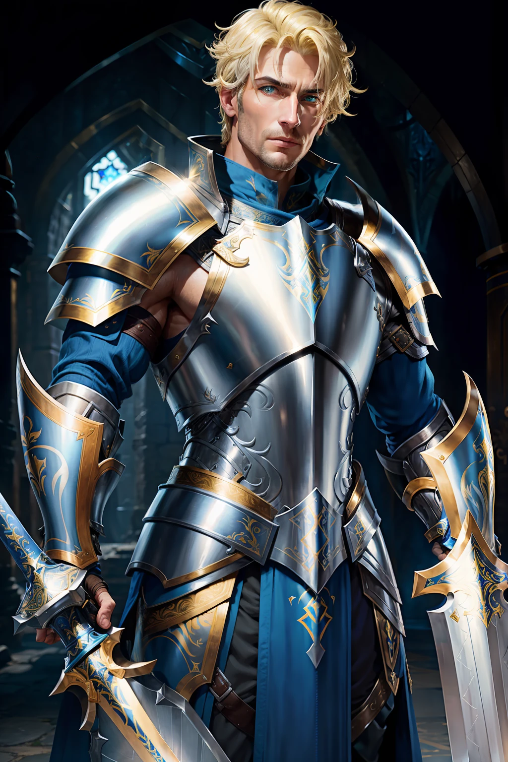 A mature and handsome man with blue pupils, short yellow hair, a confident expression, wearing gorgeous silver armor with golden patterns all over the armor, exuding light blue luster, holding a huge sword, a paladin