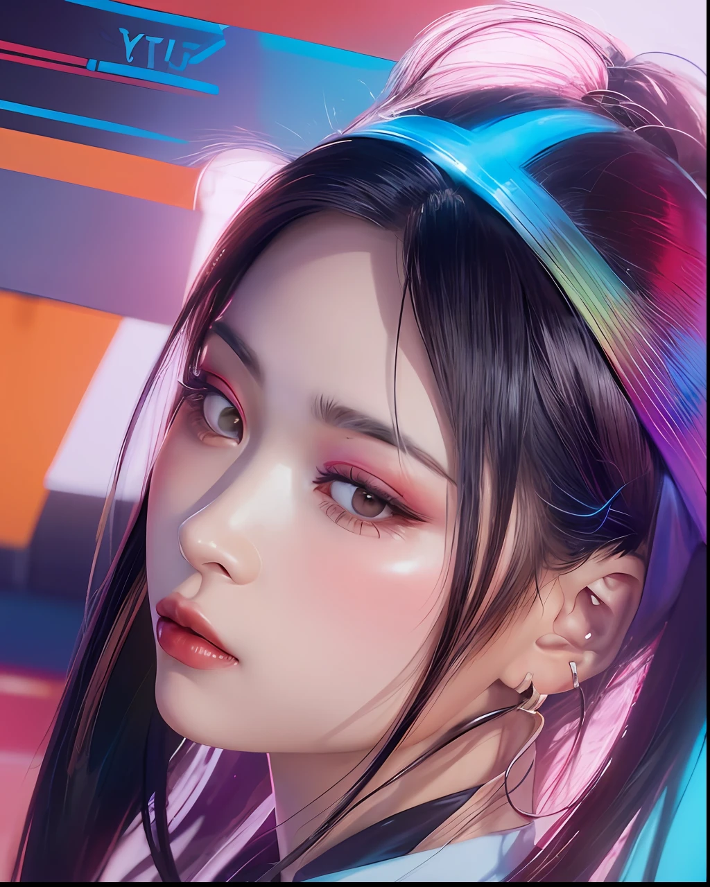 a close up of a person with a headband on, digital art inspired by Yanjun Cheng, tumblr, digital art, vibrant fan art, lofi portrait, artwork in the style of guweiz, neo vaporwave, colorful digital painting, cyber aesthetic, portrait of kpop idol, yanjun chengt, digital anime illustration, nft portrait, digital cyberpunk anime art.