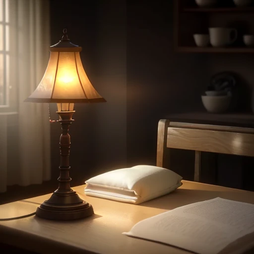 there is a table with a lamp and a bag on it, warm volumetric lighting, dusty volumetric lighting, soft ambient lighting, 8 k sensual lighting, rendered lighting, realistic volumetric lighting, unreal engine 5 lighting, cinematic specular lighting, photorealistic lighting, warm ambient lighting, soft natural volumetric lighting, brown atmospheric lighting, atmospheric render