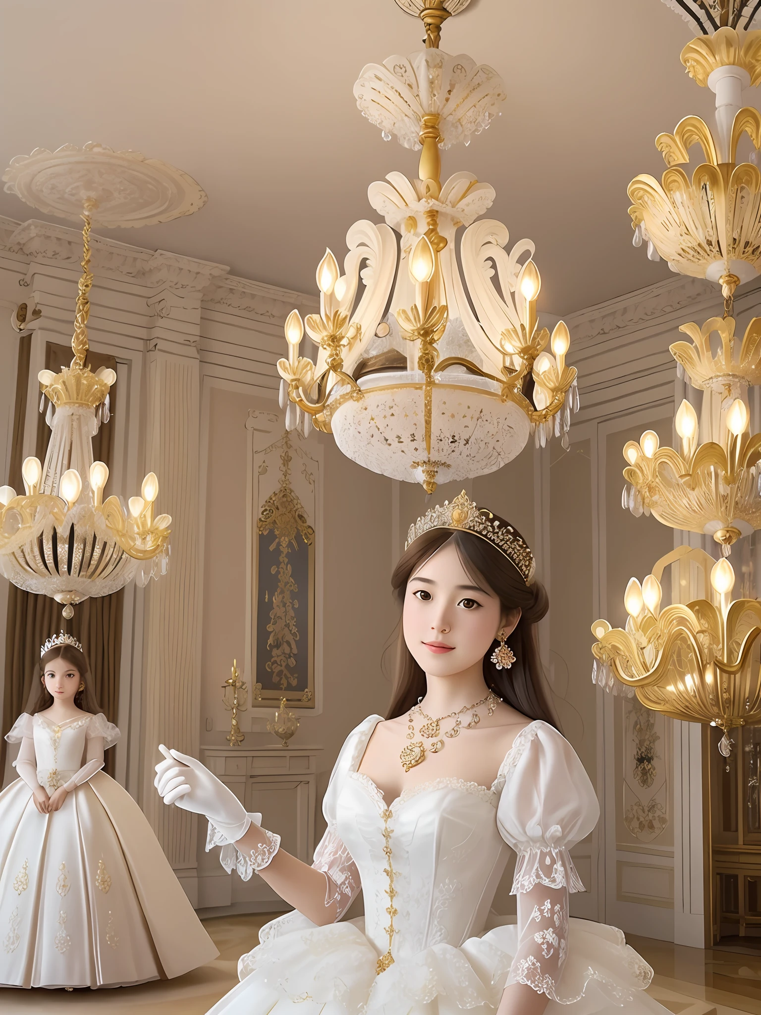 masterpiece,(bestquality),highlydetailed,ultra-detailed, (1girl), (long hair), (white dress), (lace), (royal crown), (heirloom necklace:1.2), (golden bracelet), (silk gloves), (golden earrings), (sparkling eyes), (rosy cheeks), (expressionless), (elegant posture), (royal chamber), (chandelier:1.5), (candelabra:1.2), (intricate rug), (carved furniture), (ornate mirror), (flower vase), (subdued lighting), (soft music)