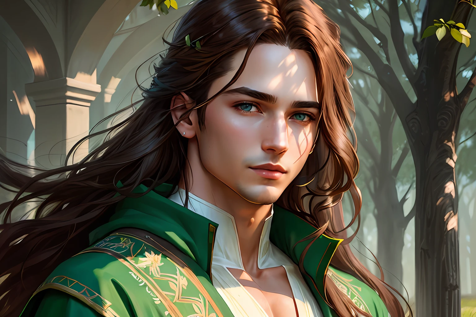 mdjrny-v4 style, realistic role-playing human face portrait beautiful male 1 person, pastels, exquisite details, fantasy, youth, thin body, green robe, exquisite magic embroidery, long brown hair, brown hair, straight hair, bright blue eyes, grass background, rpg portrait, octane rendering, film lighting, (soft shadow: 1.2), closeup, depth of field