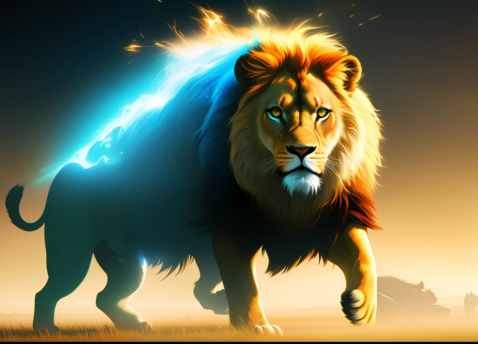 Simulation, physics particles, translucency, cinematic lighting, iridescence, digital painting, ((by ash thorp)), realistic style, lion vs wolf, grassland or savannah
