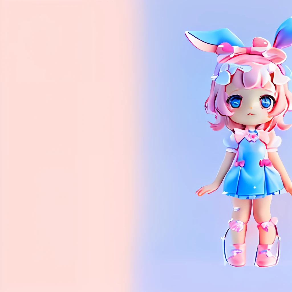 (same character, front, side, back), simple background (full body) girl pink bow, blue skirt cartoon girl with pink bow and blue skirt and pink bunny ears, original chibi bunny girl, Magic girl style, full body adoptable, adoptable character, cute art style, candy punk character design, cute character, portrait of magical girl, cute anime style,