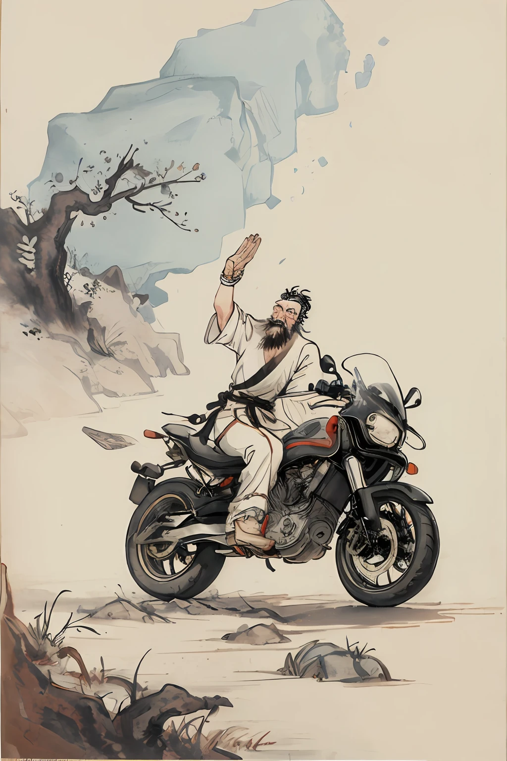 An old fairy riding on a motorcycle and saluting, (motorcycle: 2), Journey to the West, an old man with a long white beard, a Taoist priest, ink painting, gouache, (robe: 2)