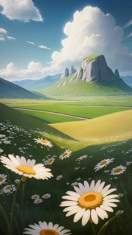 Grass in the plain, a few daisies, a path, cloudy weather, low peaks in the distance, sunny, summer, digital painting, 3D rendering, fresh, Hayao Miyazaki, soft, film and television light and shadow, high detail, 8k wallpaper, glass and crystal , ArtStation