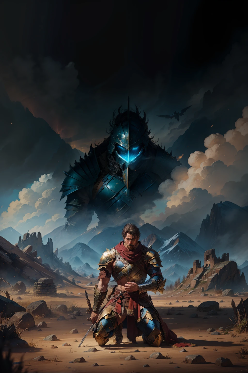 A male character looks up proudly, wearing the ancient bonus equipment, very proud, the background is very damaged battlefield, very broad and exquisite. Heavy armor, handsome posture, and battle-damaged armor. (Kneels down on one knee and bows his head feebly)
