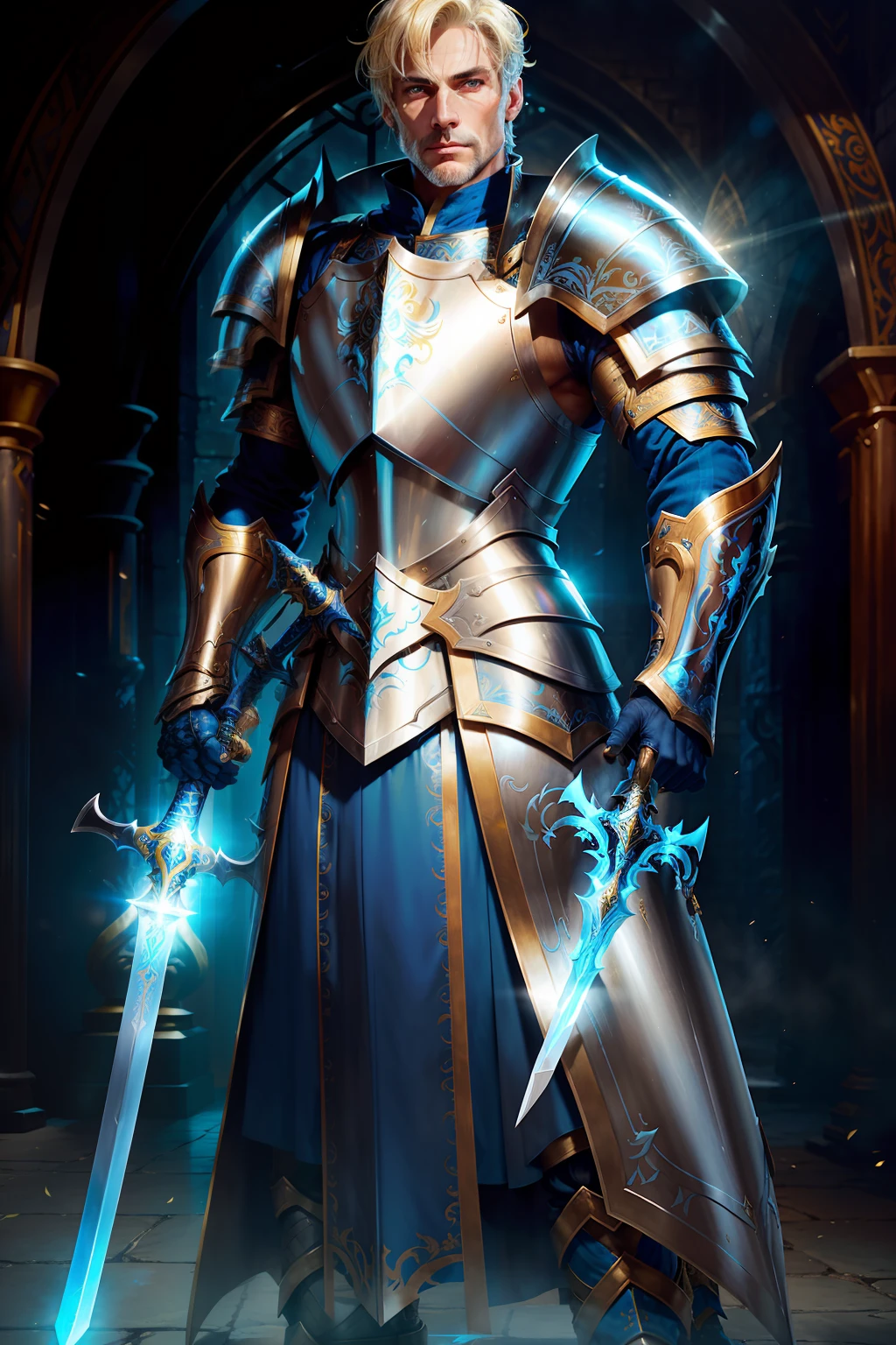 A mature and handsome man with blue pupils, short yellow hair, a confident expression, wearing gorgeous silver armor with golden patterns all over the armor, exuding light blue luster, holding a huge sword, a paladin