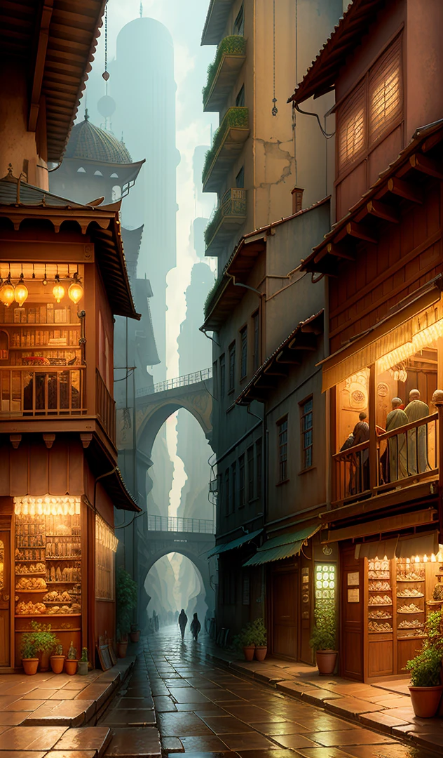 ((masterpiece)),((best quality)),((high detial)),((realistic,)) industrial age city, deep valley in the middle, architectural streets, bazaars, bridges, rainy days, steampunk, European architecture