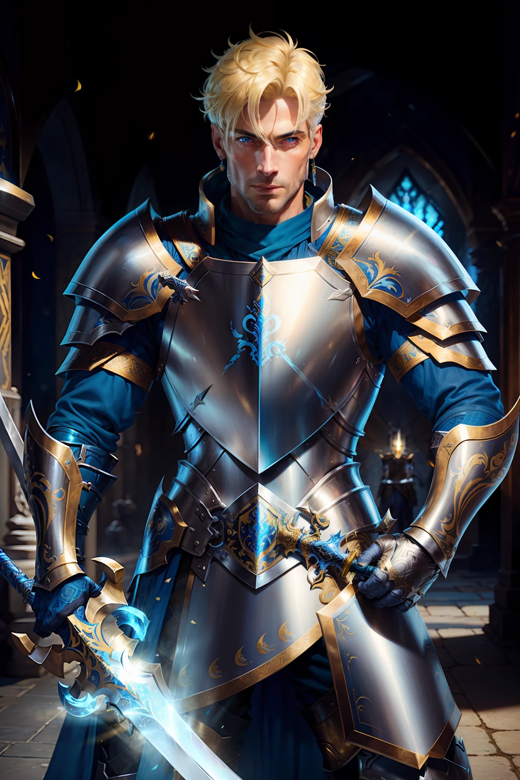 A mature and handsome man with blue pupils, short yellow hair, a confident expression, wearing gorgeous silver armor with golden patterns all over the armor, exuding light blue luster, holding a huge sword, a paladin