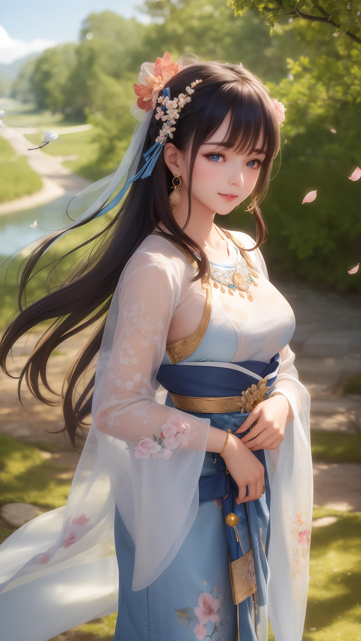 (masterpiece), (best quality), (ultra detailed),(highres), abrudrres, ultra realistic 4k CG, delicate pattern, intricate details, best illumination, best shadow, natural lighting, depth of field, blurry, 1girl, solo, medium_breasts,necklace,earrings,jewelry,black hair,solo,earrings,blue eyes,long hair,necklace,smile,hair accessories,shining skin,denim photo,Hanfu,floating hair,peach blossom,plum blossom,trees,outdoors,