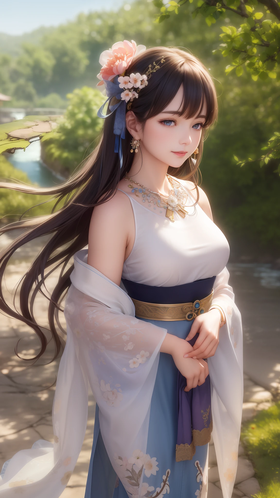 (masterpiece), (best quality), (ultra detailed),(highres), abrudrres, ultra realistic 4k CG, delicate pattern, intricate details, best illumination, best shadow, natural lighting, depth of field, blurry, 1girl, solo, medium_,necklace,earrings,jewelry,black hair,solo,earrings,blue eyes,long hair,necklace,smile,hair accessories,shining skin,denim photo,Hanfu,floating hair,peach blossom,plum blossom,trees,outdoors,