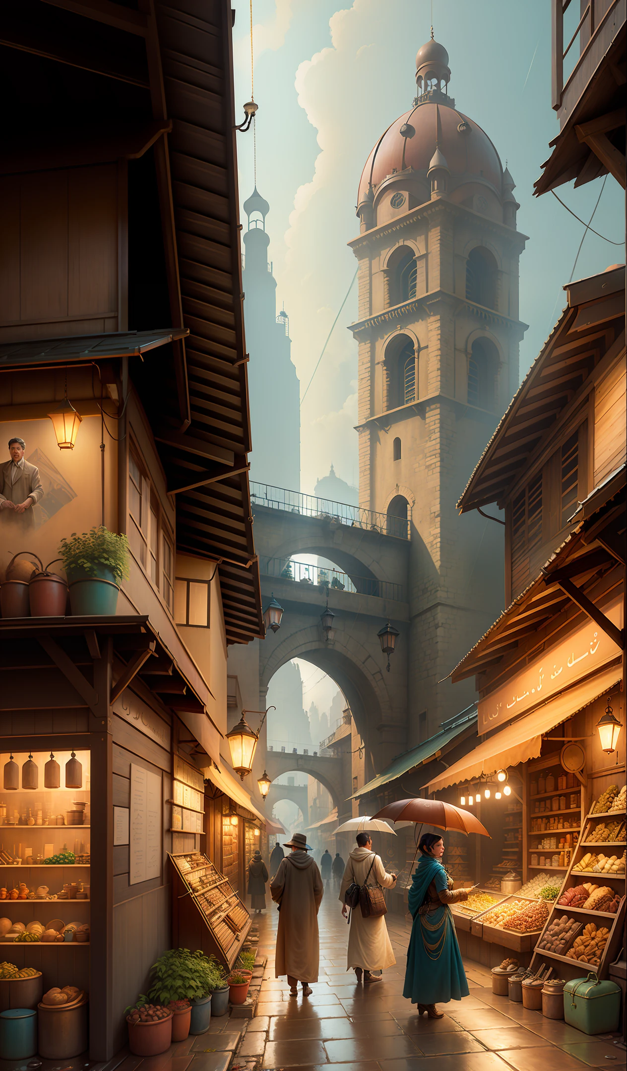 ((masterpiece)),((best quality)),((high detial)),((realistic,)) industrial age city, deep valley in the middle, architectural streets, bazaars, bridges, rainy days, steampunk, European architecture