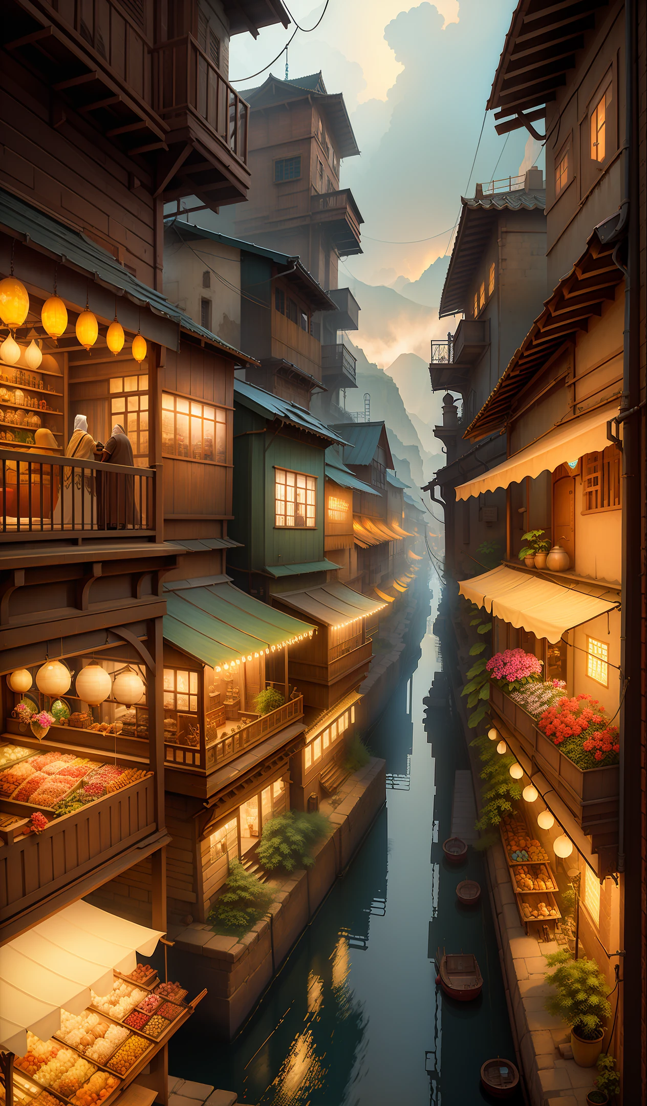 ((masterpiece)),((best quality)),((high detial)),((realistic,)) industrial age city, deep valley in the middle, architectural streets, bazaars, bridges, rainy days, steampunk, European architecture