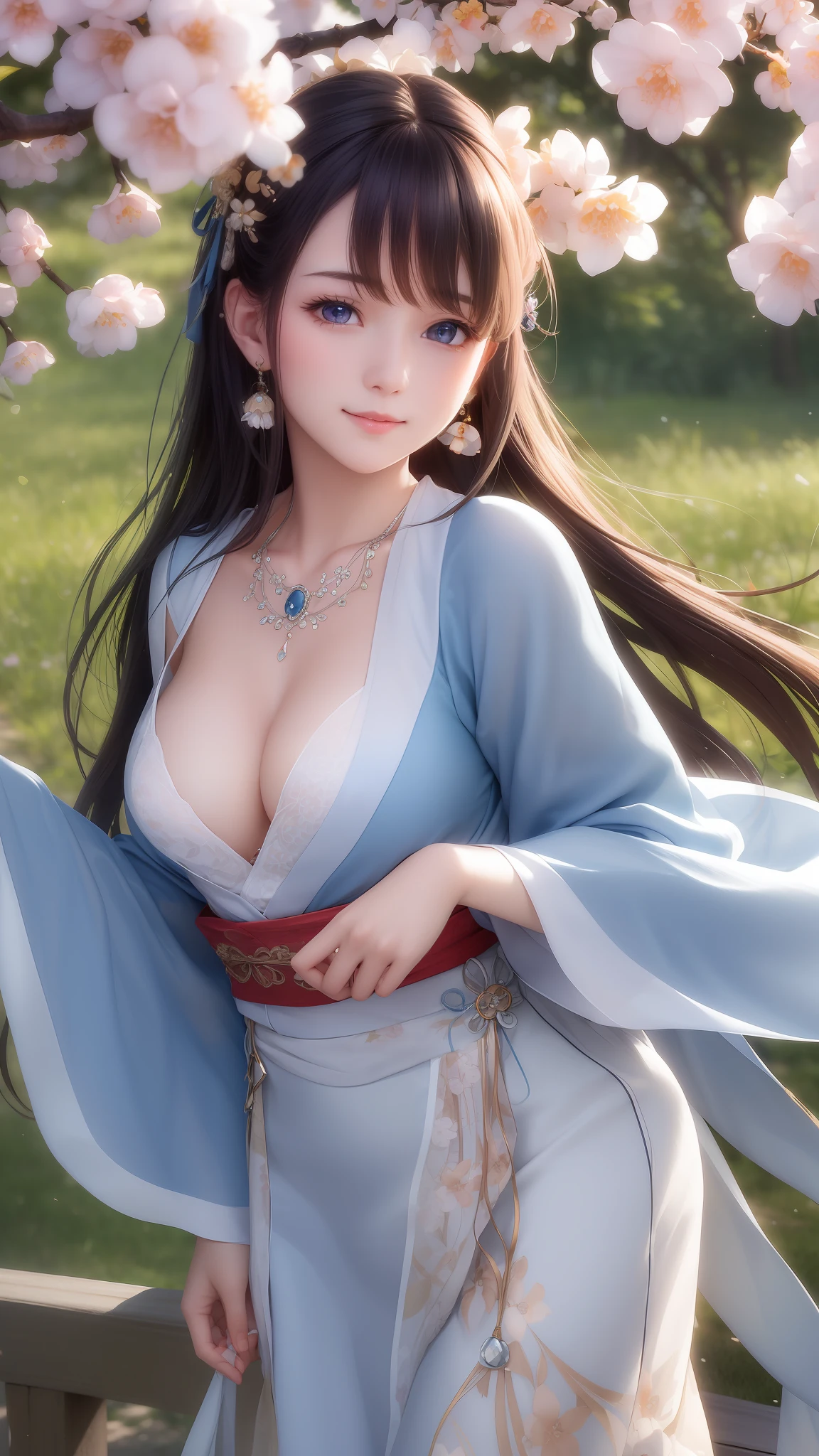 (masterpiece), (best quality), (ultra detailed),(highres), abrudrres, ultra realistic 4k CG, delicate pattern, intricate details, best illumination, best shadow, natural lighting, depth of field, blurry, 1girl, solo, medium_breasts,necklace,earrings,jewelry,black hair,solo,earrings,blue eyes,long hair,necklace,smile,hair accessories,shining skin,denim photo,Hanfu,floating hair,peach blossom,plum blossom,trees,outdoors,