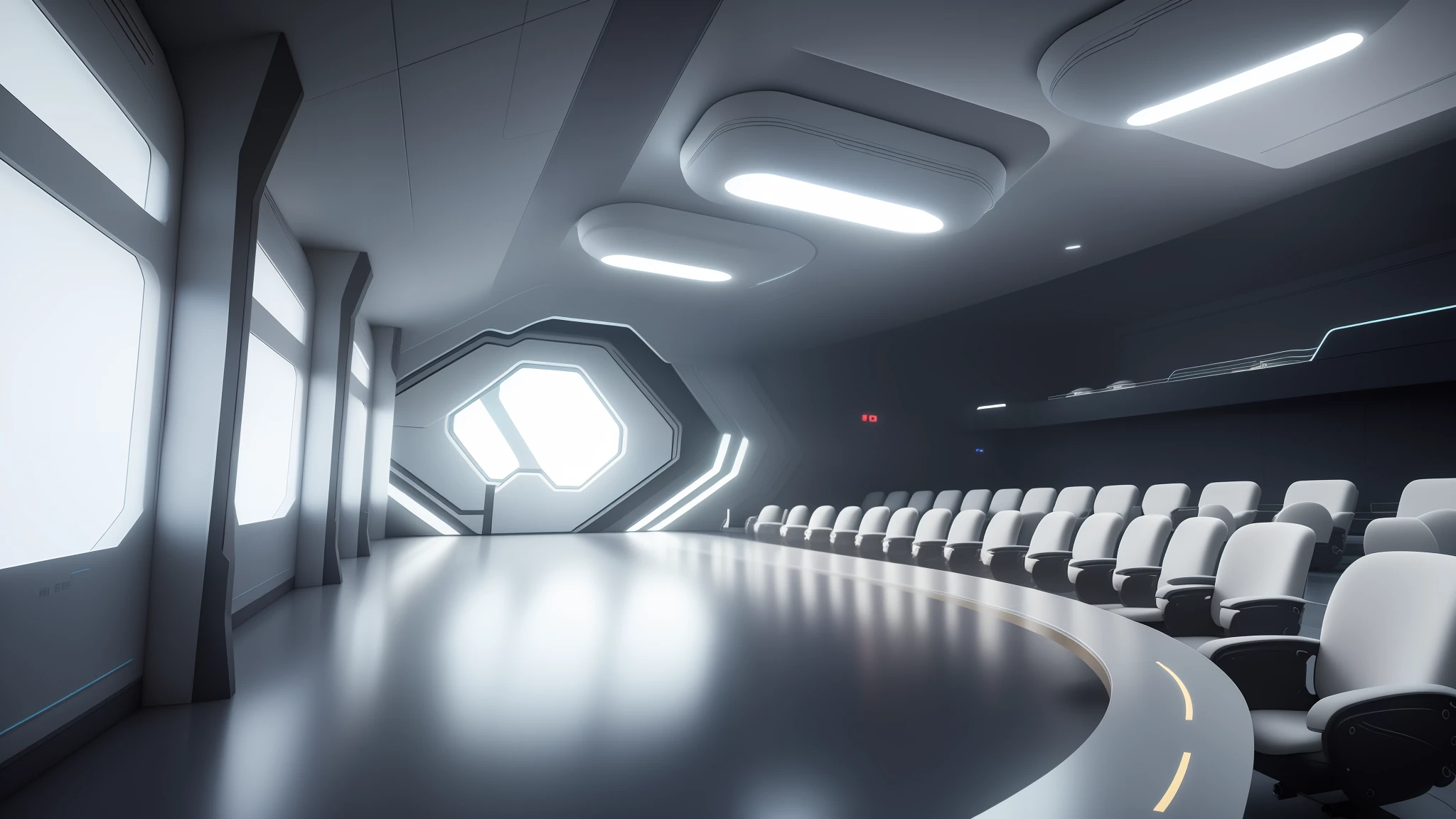 There is a big room, some futuristic seats, ceiling 50 meters high, futuristic hall, futuristic volumetric lighting, 3d scene, movie building scale, (big curve design: 2), streamlined design, (extremely minimalist design: 5 ), Star Citizen, volumetric interior lighting, 3d movie scene, hyper-realistic rendering, in a futuristic government service center, some china,