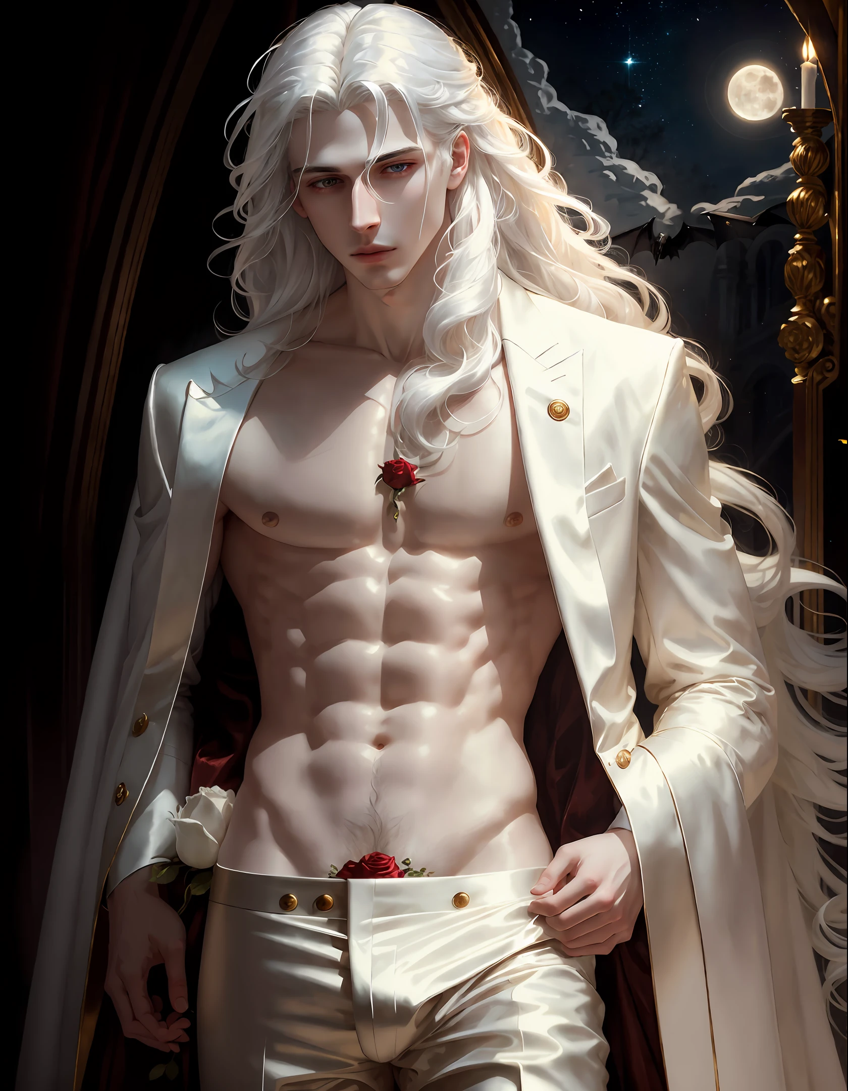 masterpiece, highest quality, solo focus, (perfect face:1.1), (high detail:1.1),dramatic, 1guy, (pale skin), long white hair, white eyes, solo, long hair, moon, night, white luxury suit, covered navel, pouty lips, covered, roses, detailed background, bats and candy, cinematic lighting,