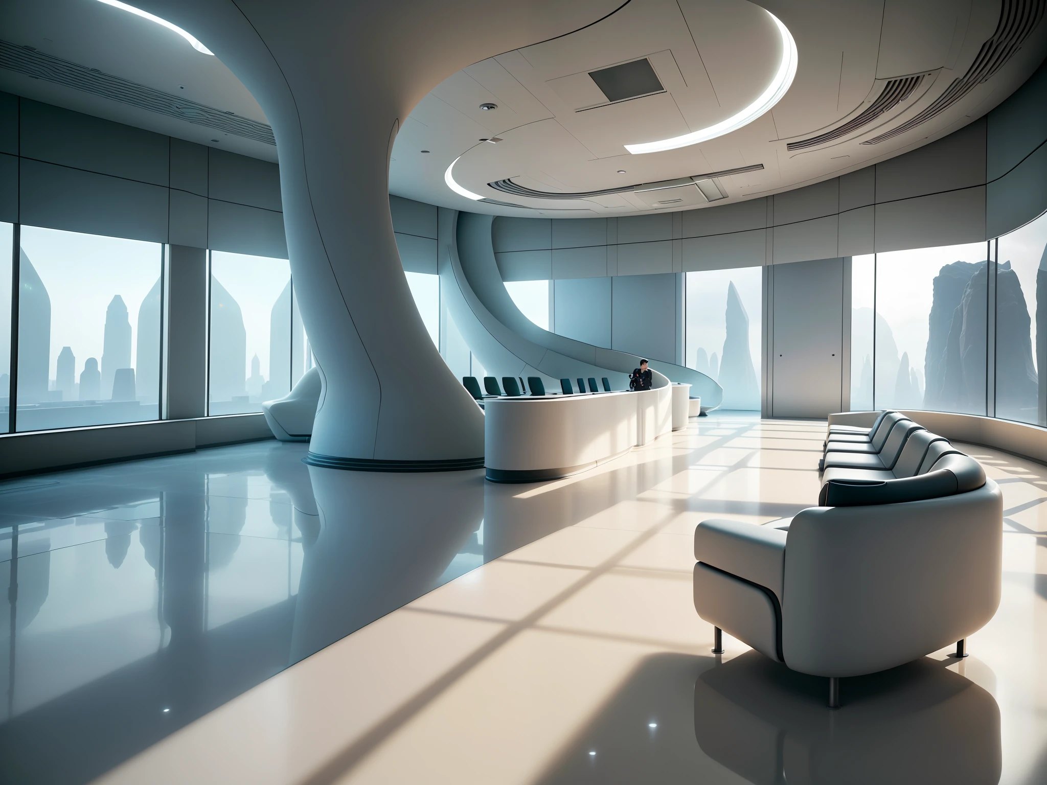 There is a big room, some futuristic seats, ceiling, futuristic lobby, futuristic volumetric lighting, 3d scene, movie building scale, (big curve design: 1), streamlined design, (extremely minimalist design: 1), volumetric Interior lighting, hyper-realistic rendering, in a futuristic government service center, photorealistic, hyper-realistic