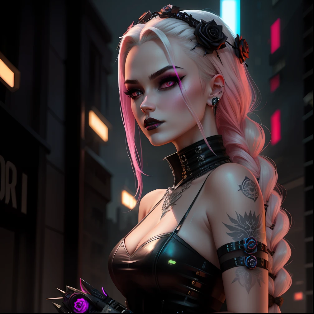 blonde, black rose in hands, fair skin, predatory eyes, mole on cheek, braided hair, dark makeup, black lips, pink dress, elegant cinematic pose, 3D rendering of 8k characters, future city background, cyberpunk art inspired by rossdraws , cgsociety winner, gothic art, cyberpunk art style, seductive cyberpunk dark fantasy, cyberpunk dark fantasy art, cyberpunk horror style, gothic - cyberpunk, cyberpunk woman fatale, ornamental gothic - cyberpunk, cyberpunk theme art, cyberpunk dark fantasy, advanced cyberpunk digital art
